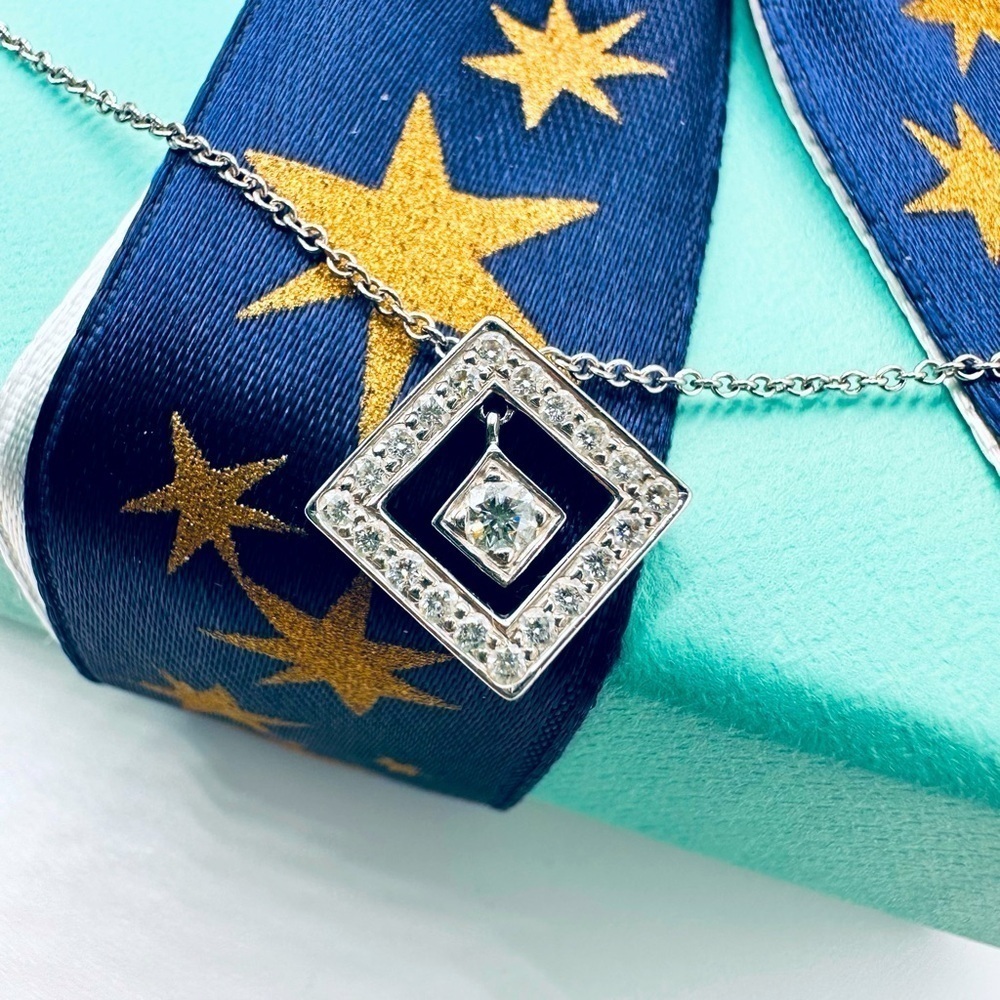 RARE Tiffany & Co. .26 TCW Diamond Open Square Necklace in Platinum w Packaging